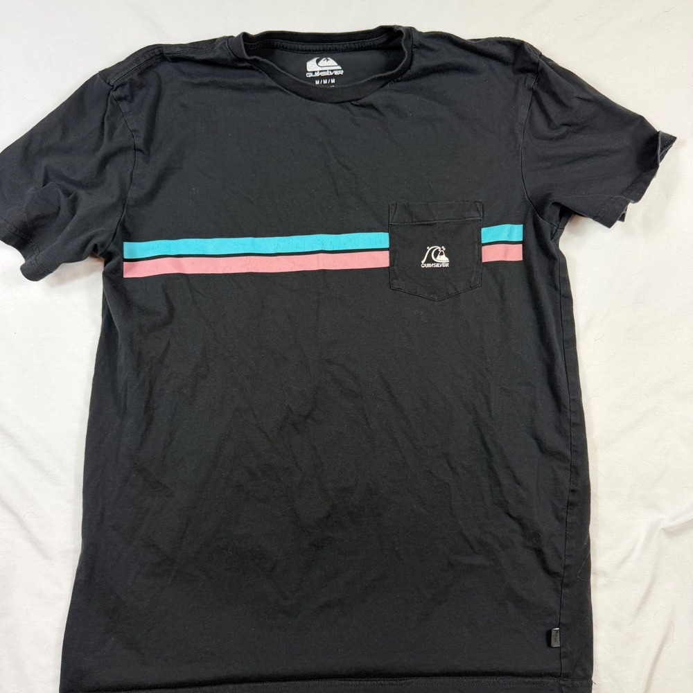 Quiksilver Mens T-Shirt Black Regular Fit Stripe Pocket Tee Size Medium Cotton